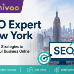Professional feature image for "SEO Expert New York: 9 Proven Strategies to Grow Your Business Online" featuring the New York skyline, SEO growth graphics, and the Achivoo logo.