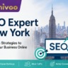 Professional feature image for "SEO Expert New York: 9 Proven Strategies to Grow Your Business Online" featuring the New York skyline, SEO growth graphics, and the Achivoo logo.