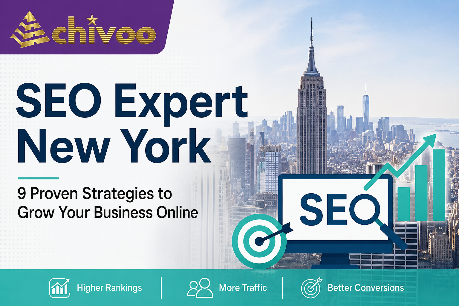 Professional feature image for "SEO Expert New York: 9 Proven Strategies to Grow Your Business Online" featuring the New York skyline, SEO growth graphics, and the Achivoo logo.