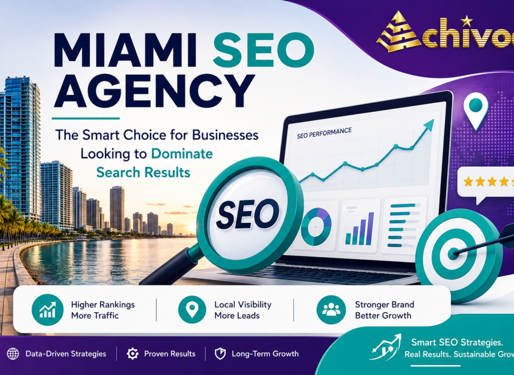 Miami SEO Agency feature image showing Miami skyline, SEO analytics, search growth graph, target icon, and Achivoo branding.