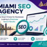 Miami SEO Agency feature image showing Miami skyline, SEO analytics, search growth graph, target icon, and Achivoo branding.