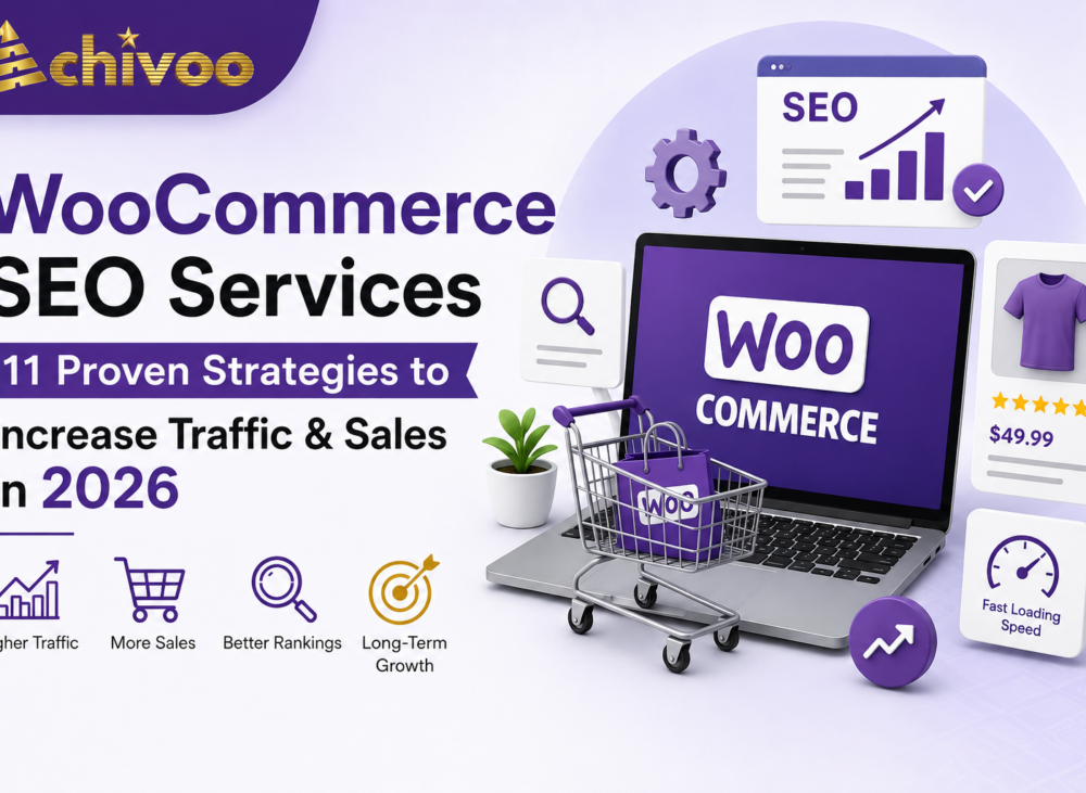 WooCommerce SEO Services feature image showing eCommerce SEO optimization, analytics dashboard, shopping cart, product listing, and Achivoo branding for increasing traffic and sales in 2026.
