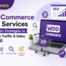 WooCommerce SEO Services feature image showing eCommerce SEO optimization, analytics dashboard, shopping cart, product listing, and Achivoo branding for increasing traffic and sales in 2026.