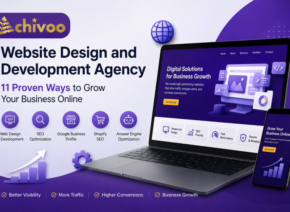 Website Design and Development Agency by Achivoo showcasing responsive web design, SEO, Shopify SEO, Google Business Profile optimization, and Answer Engine Optimization for business growth.