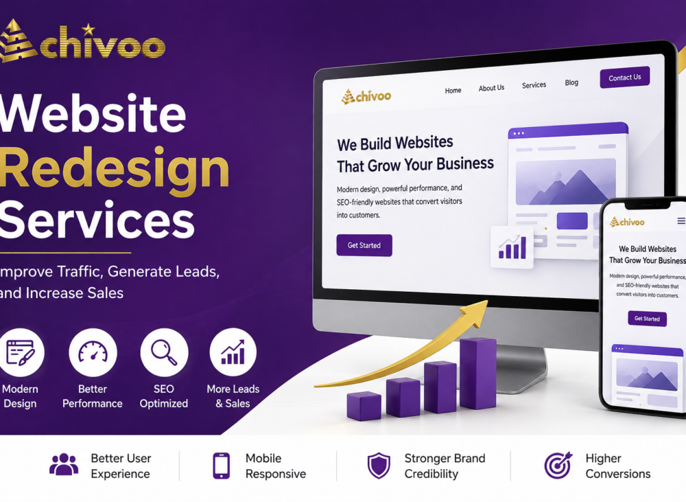 Website Redesign Services feature image by Achivoo showcasing responsive web design, SEO optimization, improved website performance, and business growth.