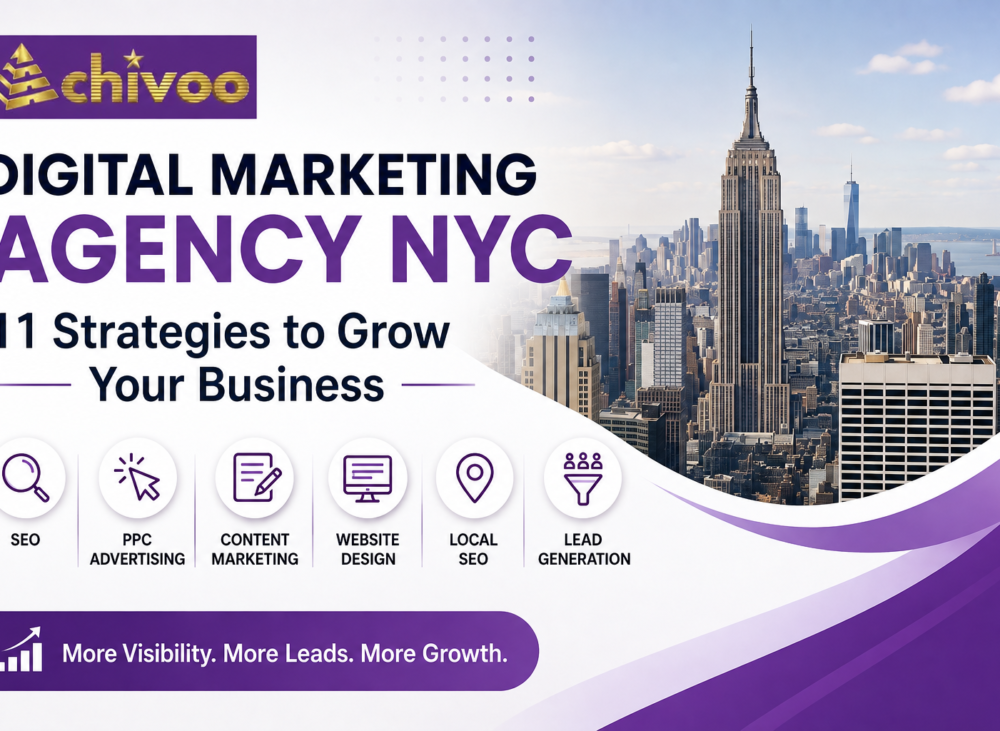 Achivoo digital marketing agency NYC banner with New York City skyline and digital marketing services