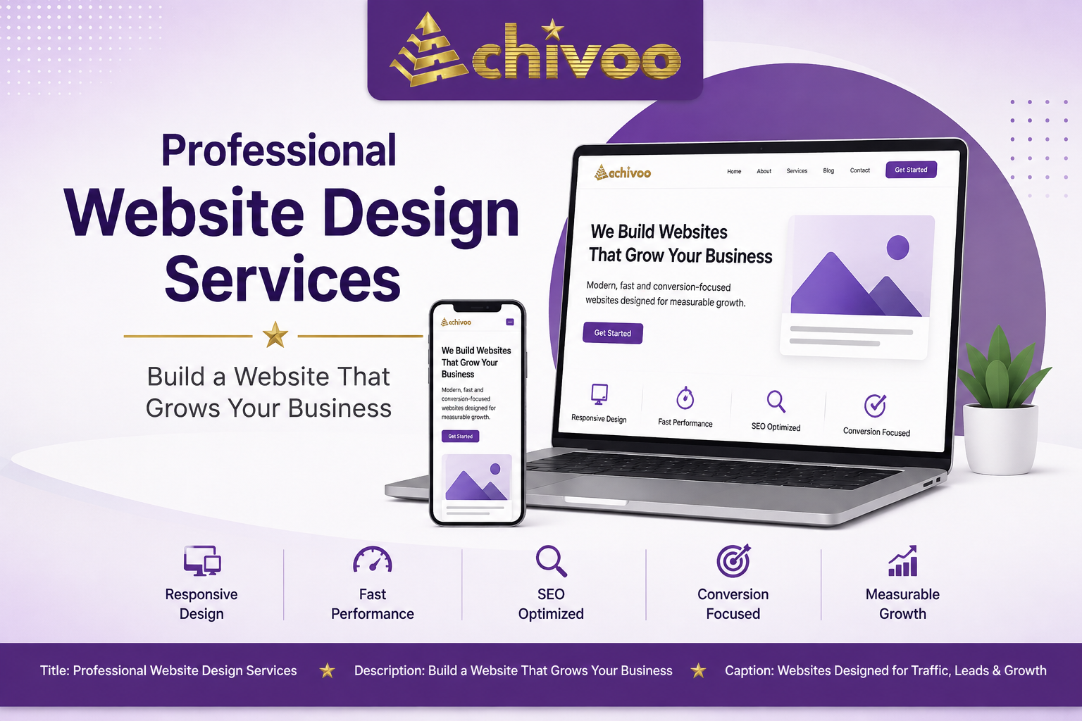 Professional website design services banner with responsive web design, SEO, conversion optimization, and business growth