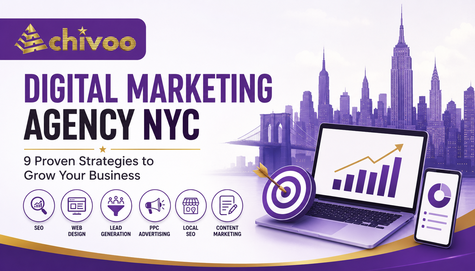 Digital marketing agency NYC strategies featuring SEO, web design, lead generation, PPC, local SEO, and content marketing